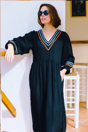Miquita Midi Smock Dress - Black. Rainbow Ric Rac