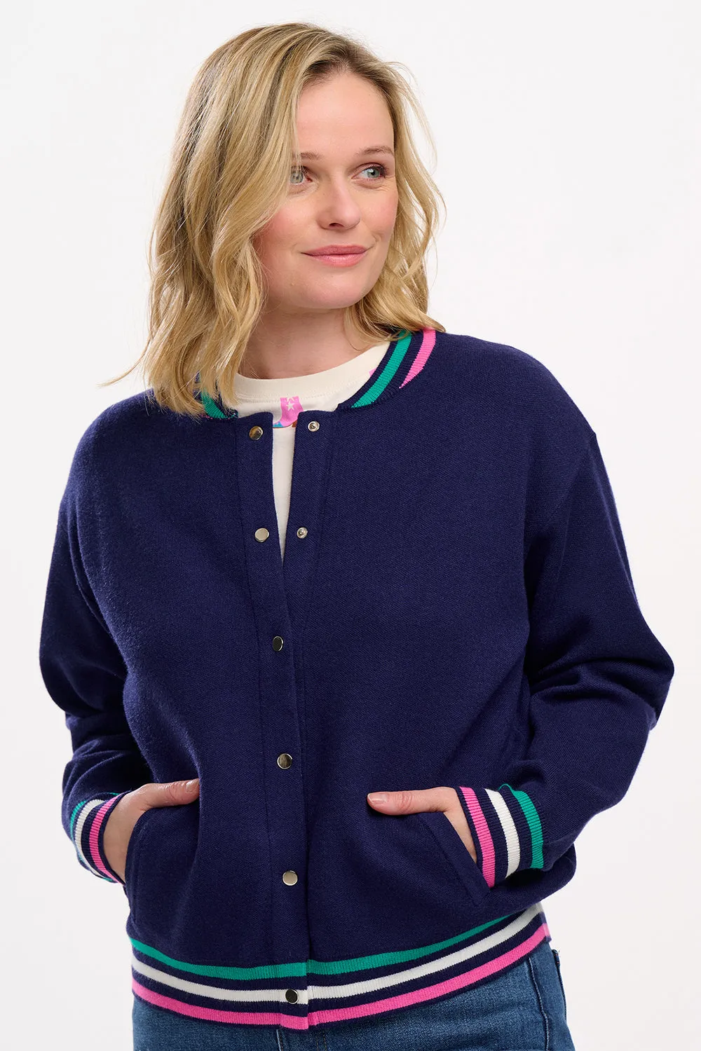 Monay Knitted Bomber - Navy. Sports Stripe