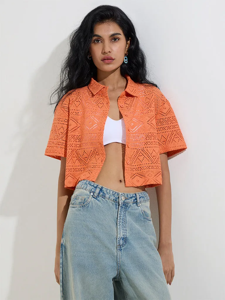 Nuon Orange Crochet-Lace Cotton-Blend Shirt