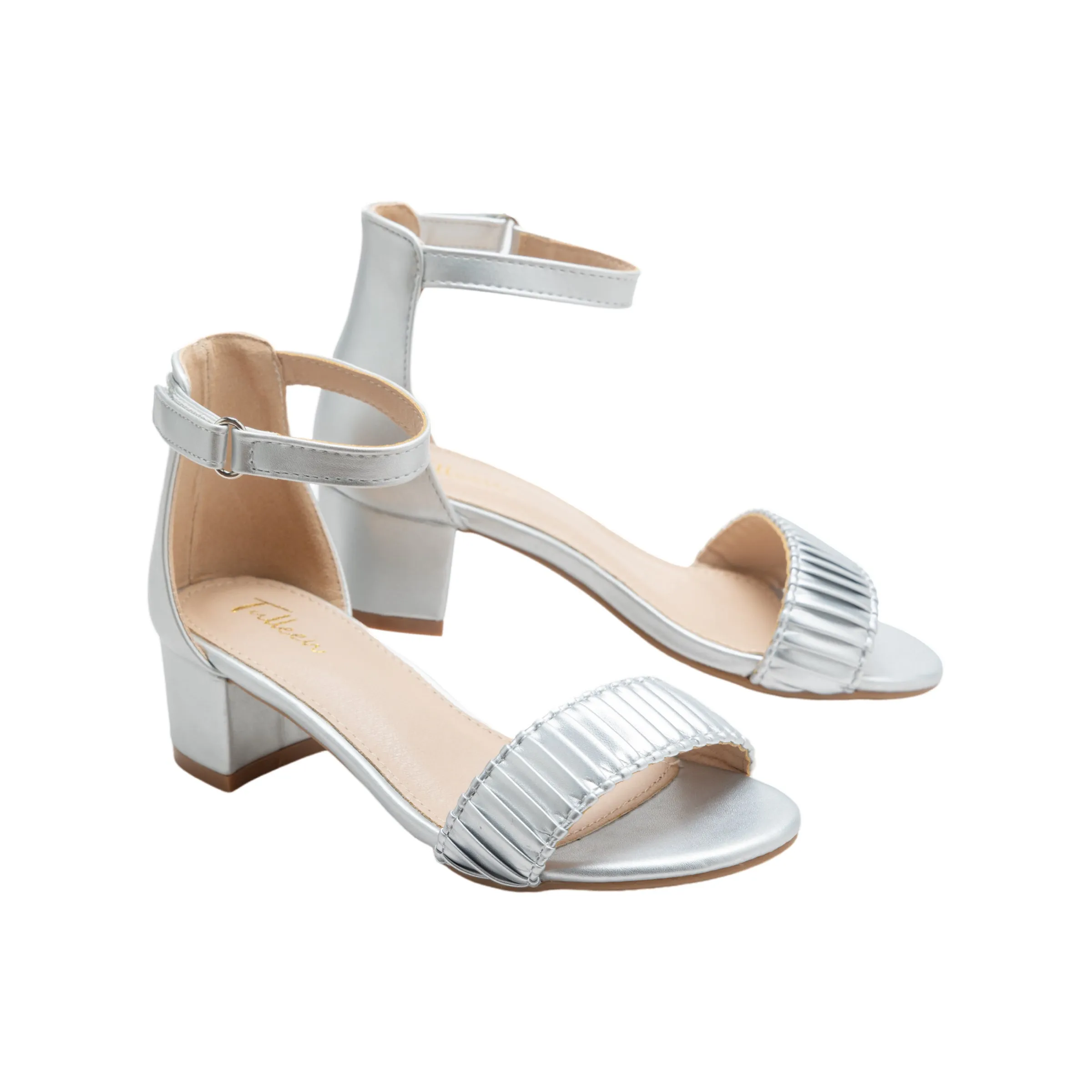 Silver Pleated Lined Band Block Heels