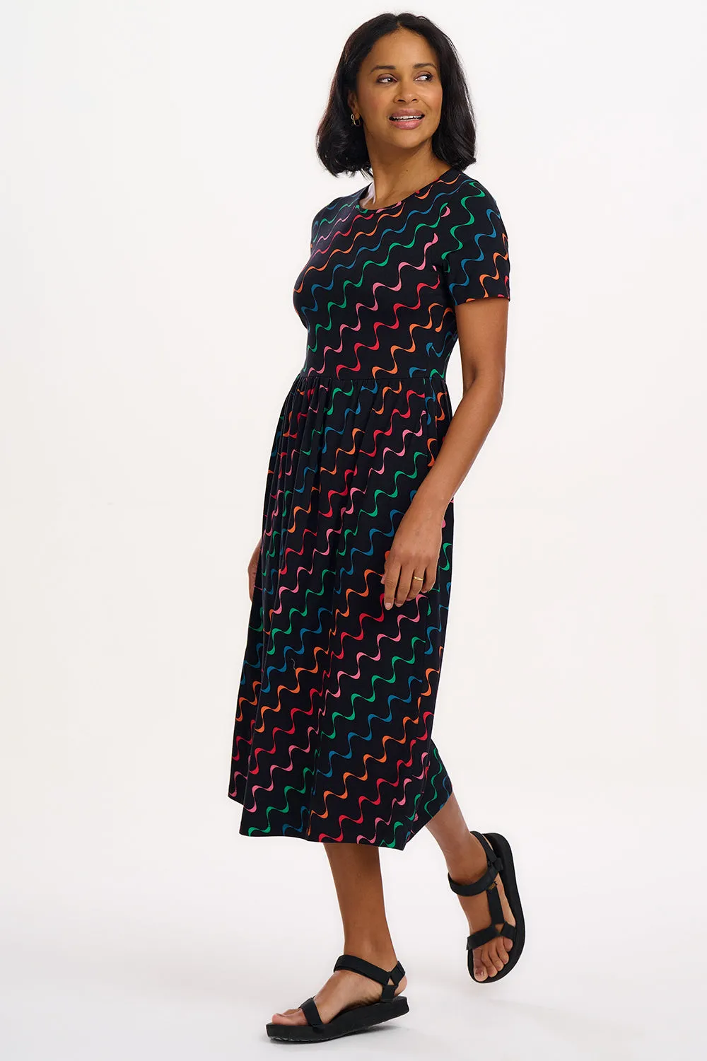 Sofia Jersey Midi Dress - Black/Multi. Undulating Waves