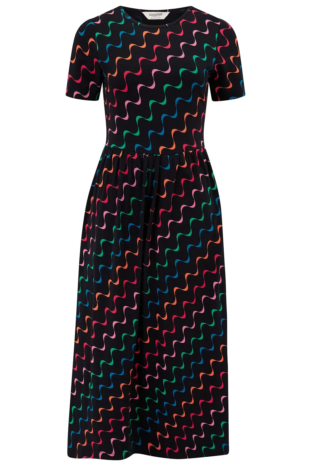 Sofia Jersey Midi Dress - Black/Multi. Undulating Waves