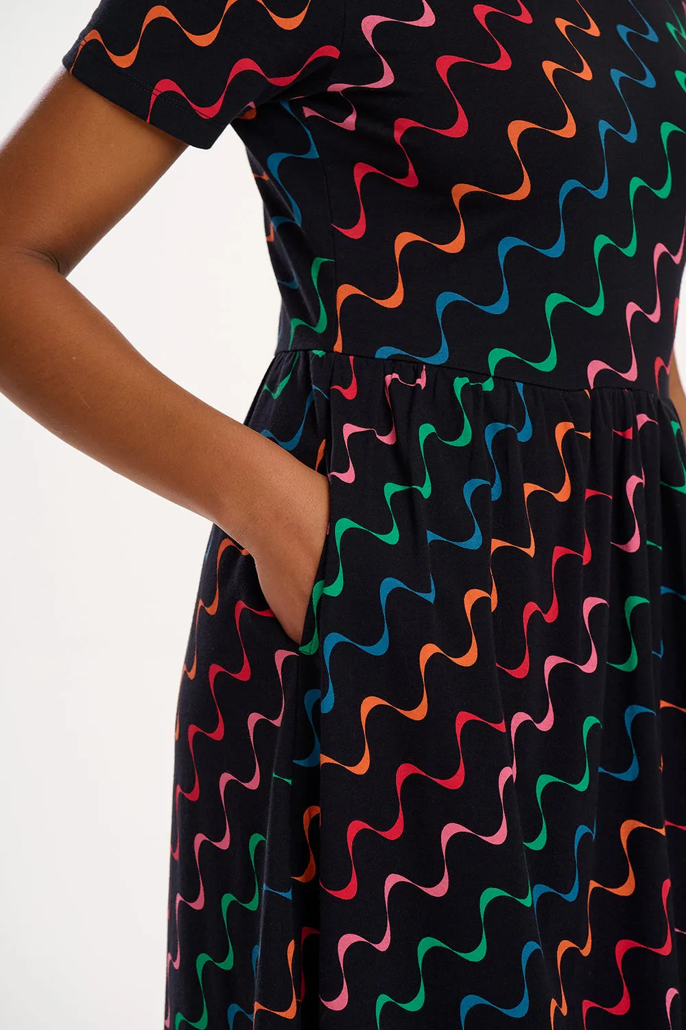 Sofia Jersey Midi Dress - Black/Multi. Undulating Waves