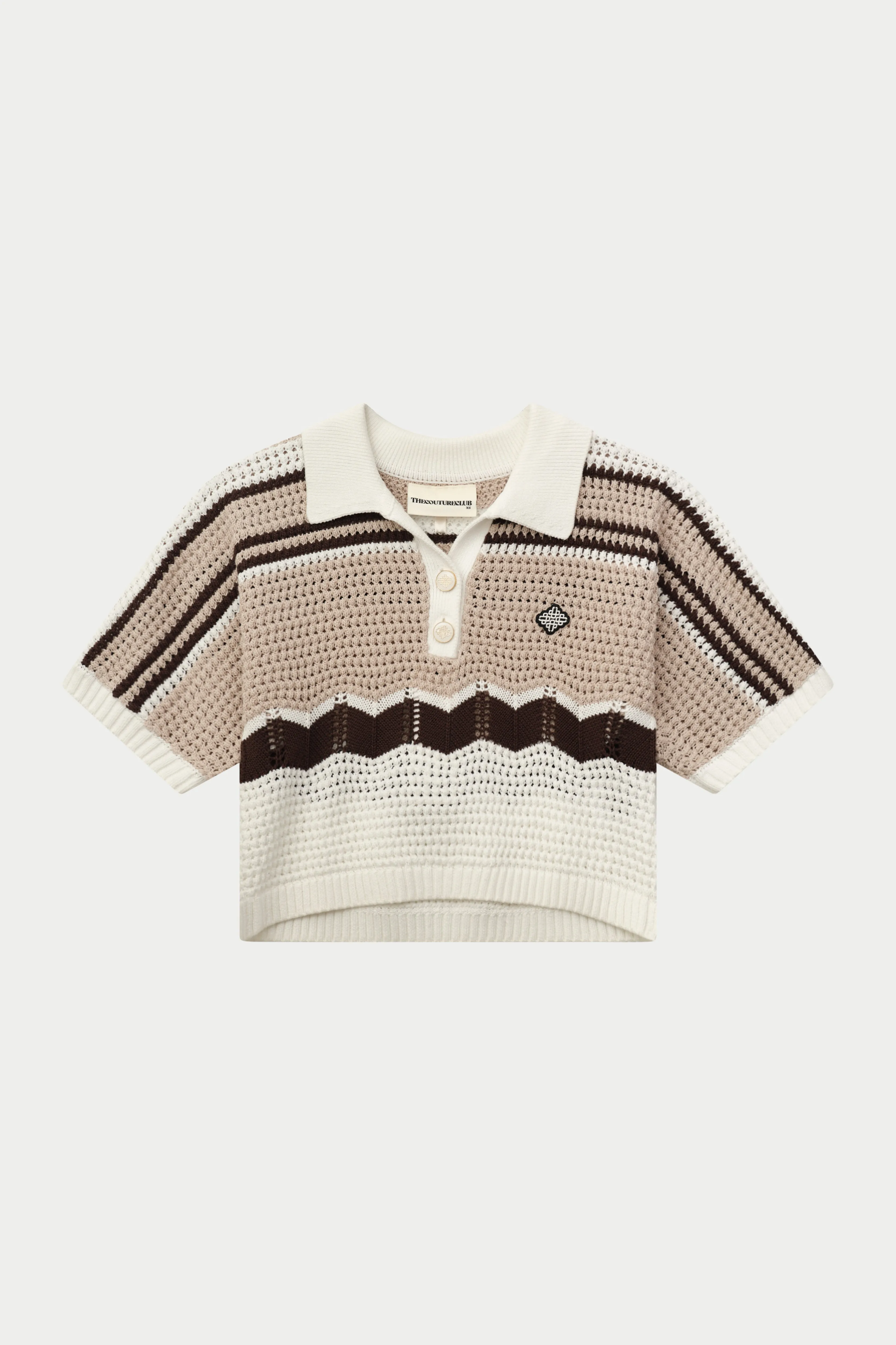 STRIPE CROCHET KNITTED OPEN COLLAR SHIRT - OFF WHITE