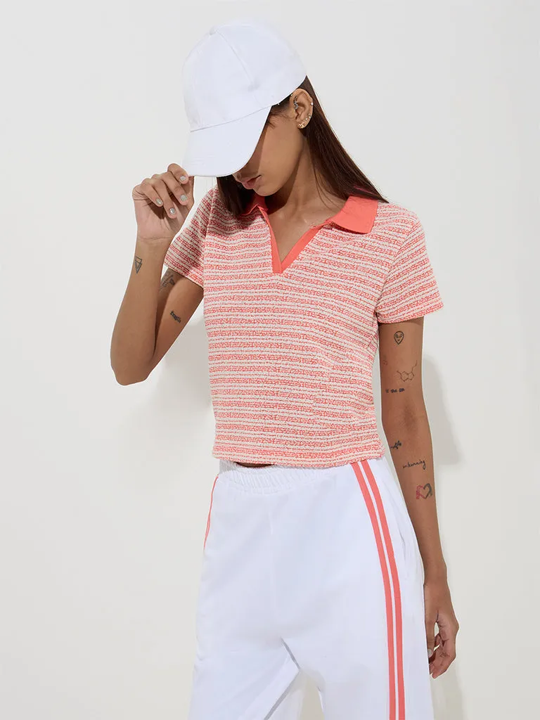 Studiofit Orange Striped Knit-Textured Polo T-Shirt