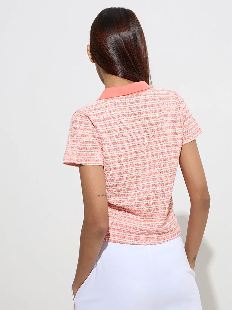 Studiofit Orange Striped Knit-Textured Polo T-Shirt
