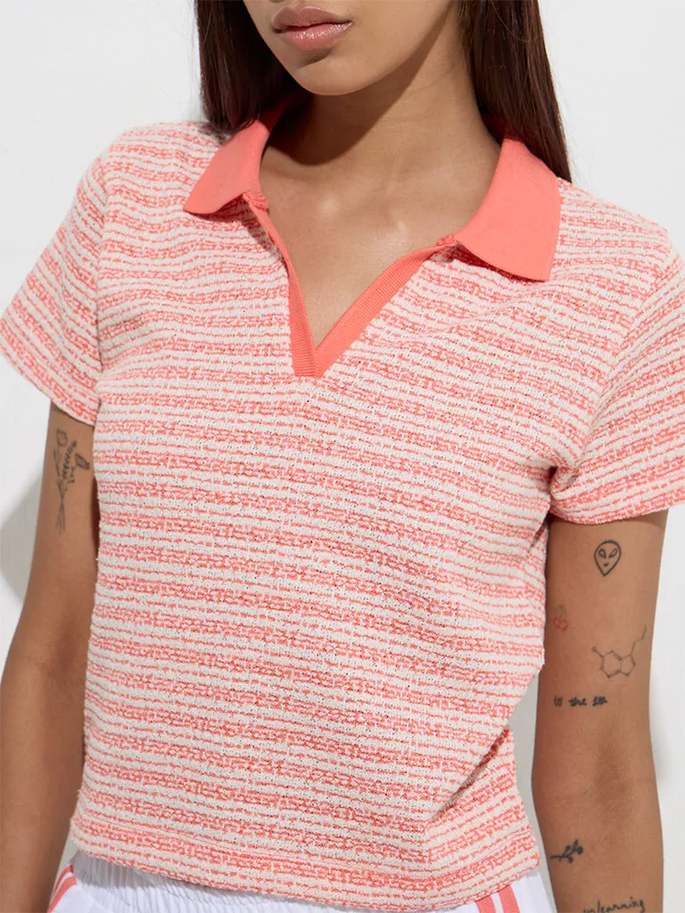 Studiofit Orange Striped Knit-Textured Polo T-Shirt