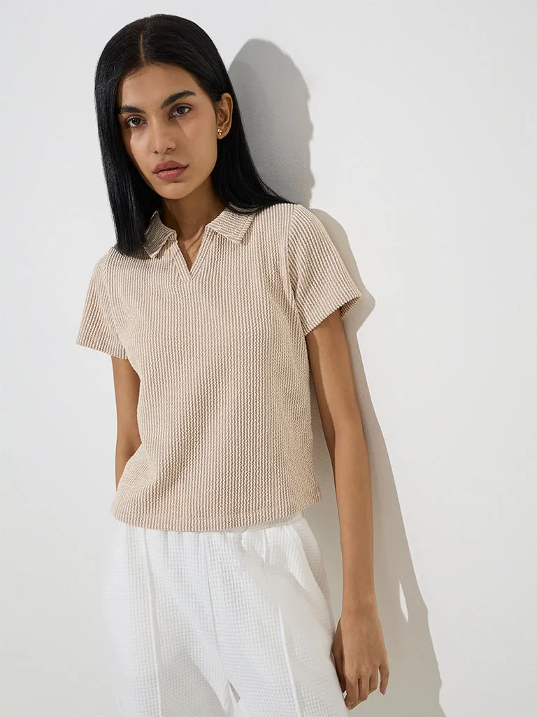 Studiofit Taupe Striped Cotton-Blend Polo T-Shirt