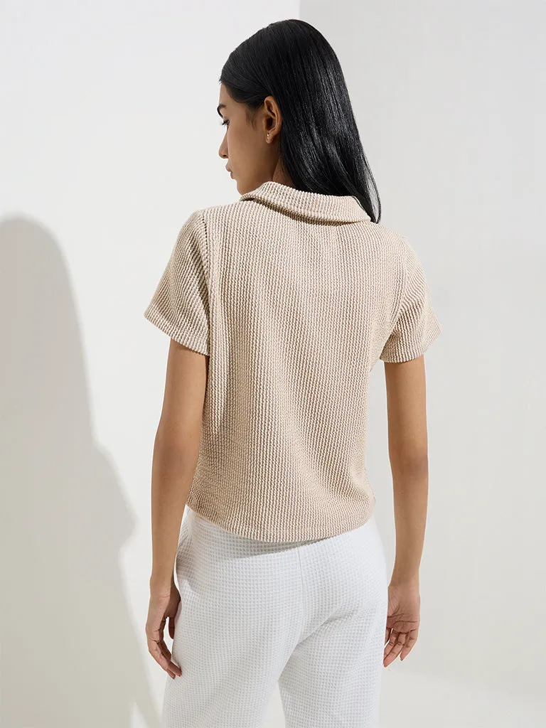 Studiofit Taupe Striped Cotton-Blend Polo T-Shirt