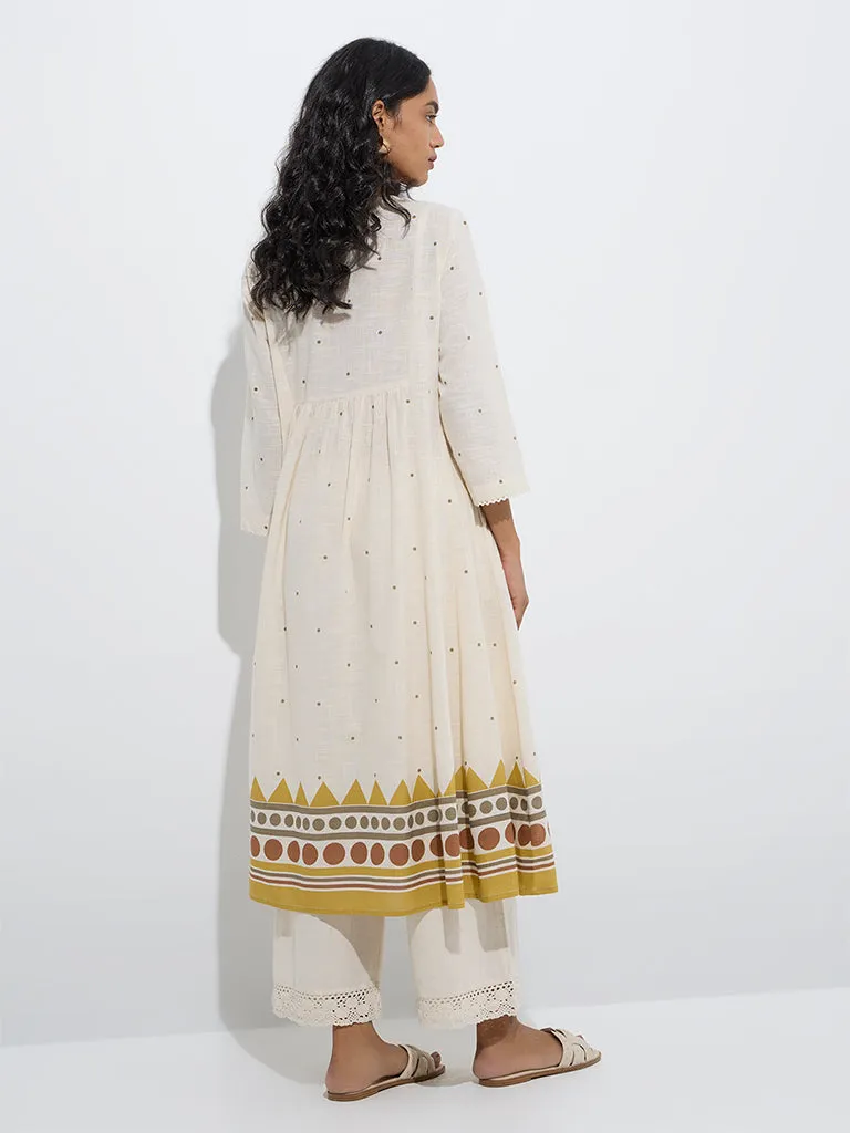 Utsa Off-White Geometric Print A-Line Cotton Kurta