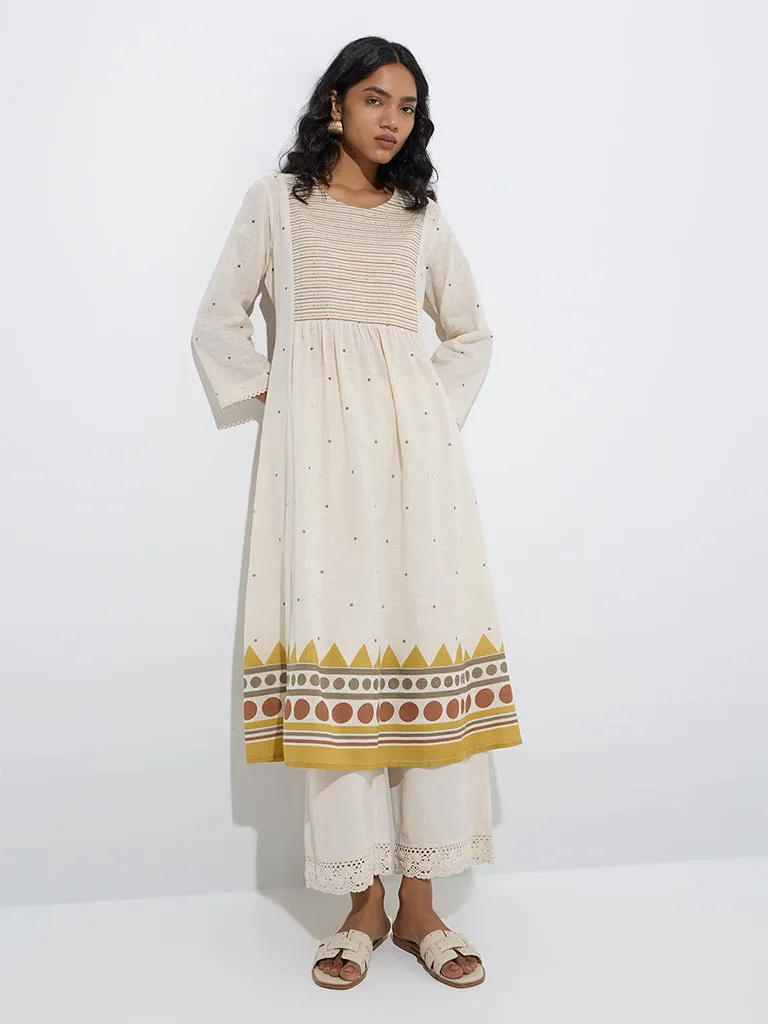 Utsa Off-White Geometric Print A-Line Cotton Kurta
