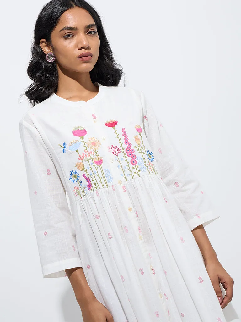 Utsa White Floral Embroidered A-Line Cotton Kurta