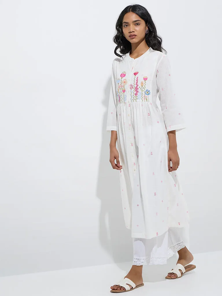 Utsa White Floral Embroidered A-Line Cotton Kurta