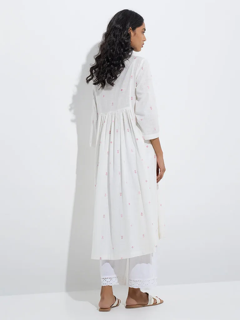 Utsa White Floral Embroidered A-Line Cotton Kurta