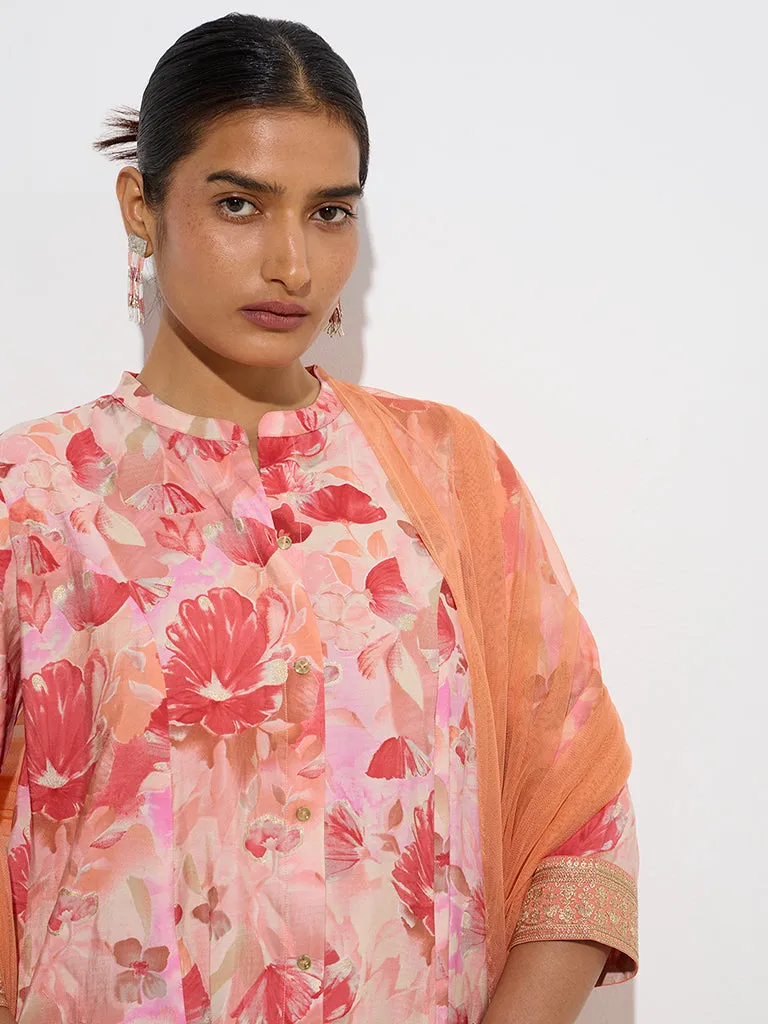 Vark Dark Peach Floral A-Line Kurta. Palazzos Dupatta Set