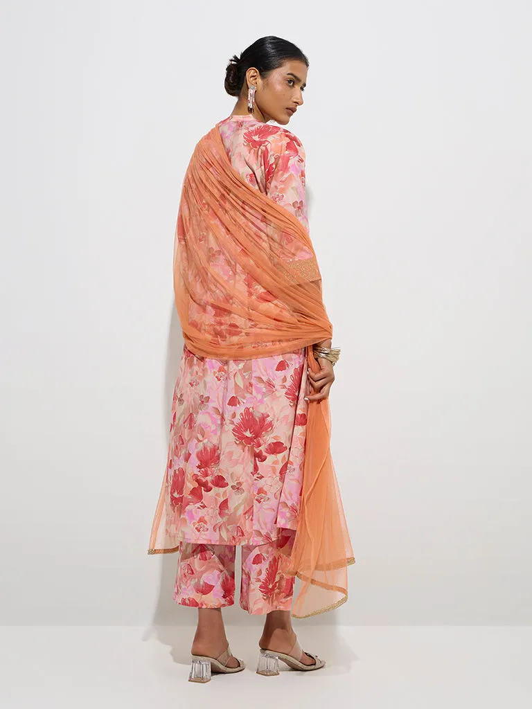 Vark Dark Peach Floral A-Line Kurta. Palazzos Dupatta Set