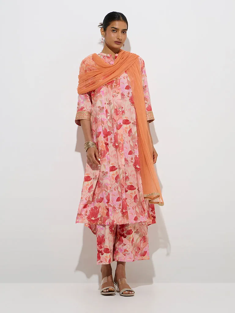 Vark Dark Peach Floral A-Line Kurta. Palazzos Dupatta Set