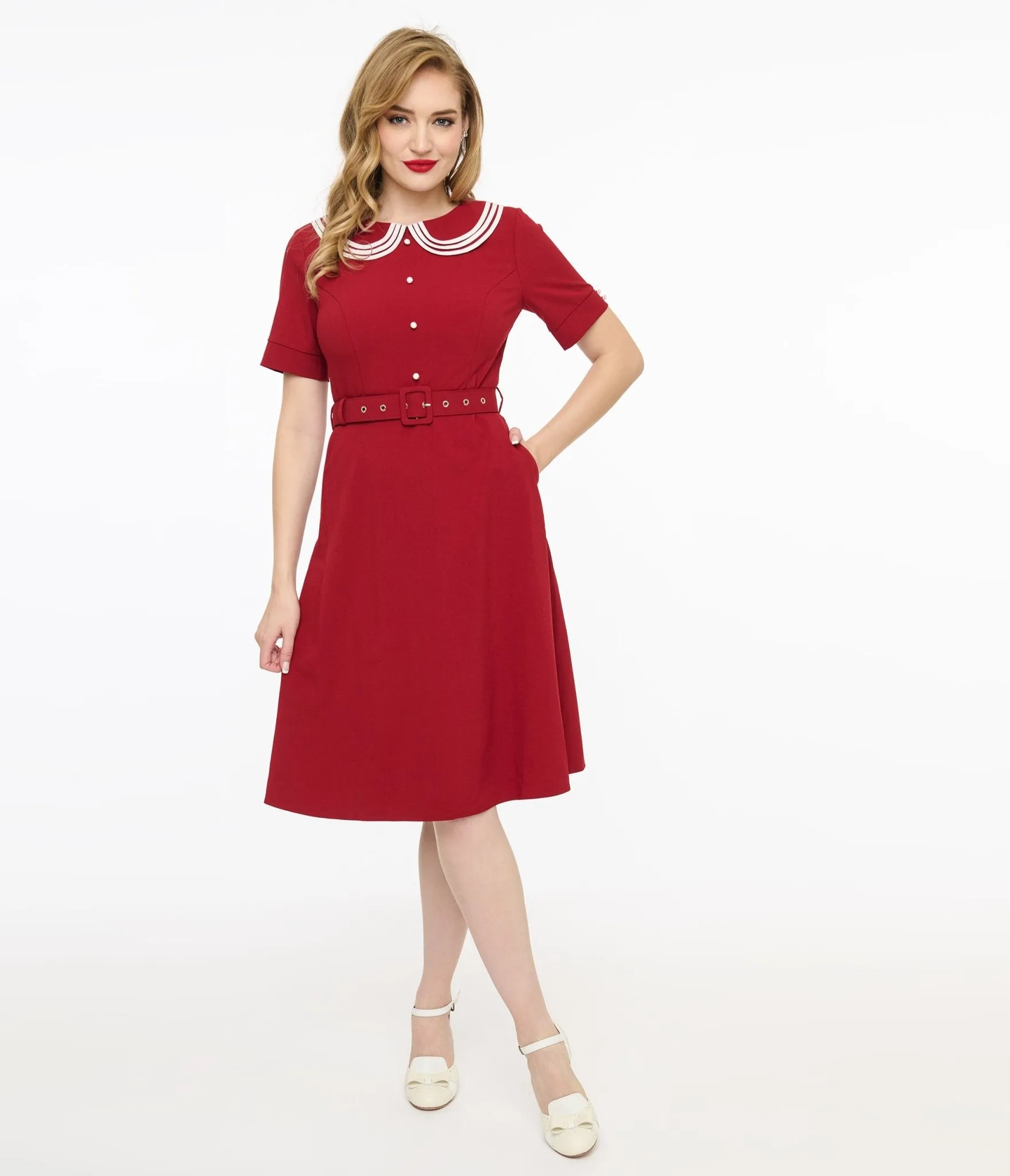 Voodoo Vixen 1950s Red Layered Collar Fit & Flare Dress