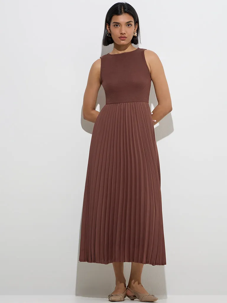 Wardrobe Brown Accordion Pleated A-Line Dress