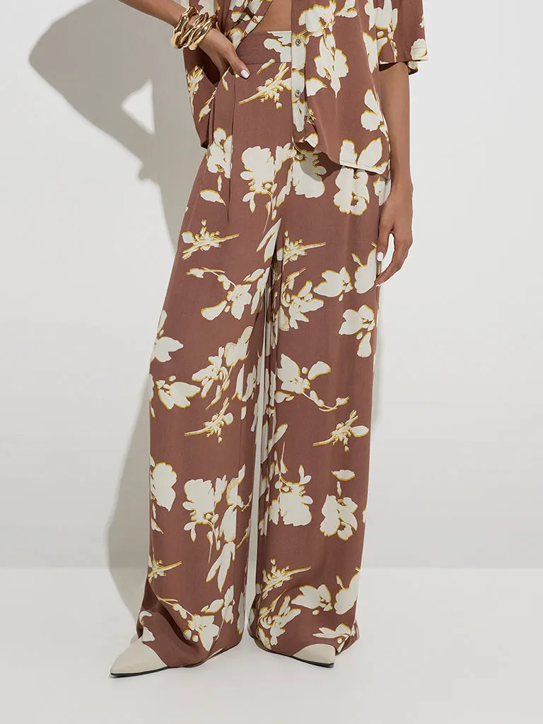 Wardrobe Brown Floral Design Mid-Rise Pants