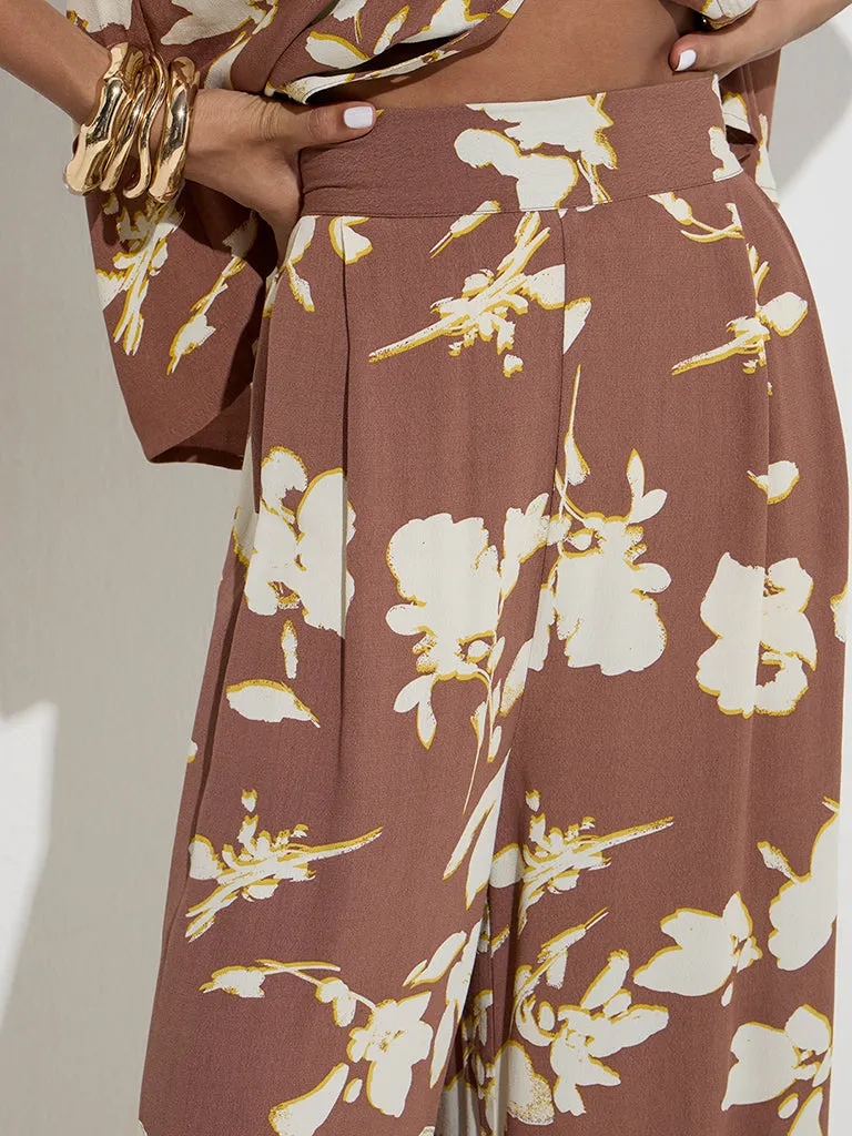 Wardrobe Brown Floral Design Mid-Rise Pants
