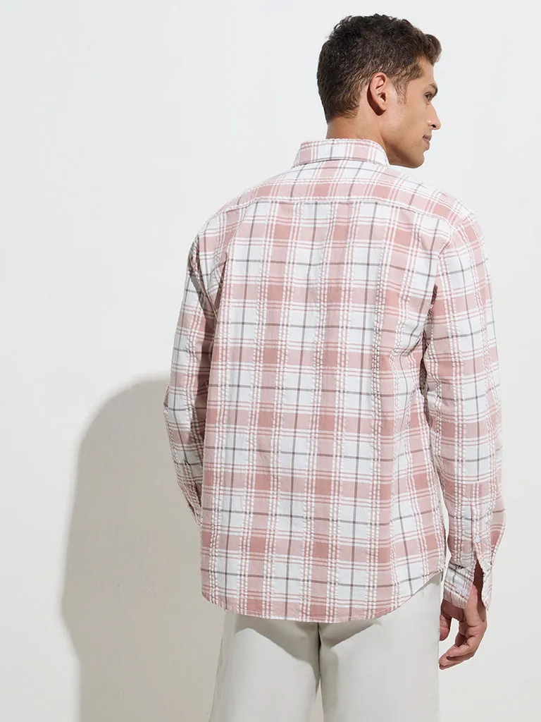 WES Casuals Dusty Pink Checkered Relaxed-Fit Cotton Shirt
