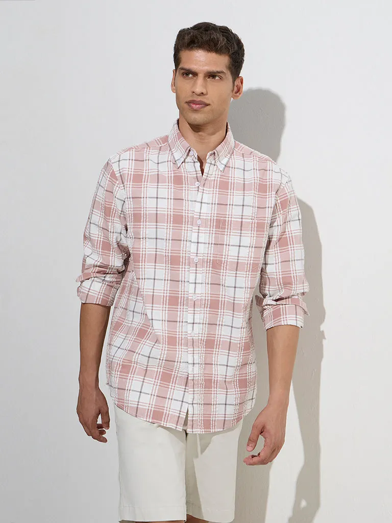 WES Casuals Dusty Pink Checkered Relaxed-Fit Cotton Shirt