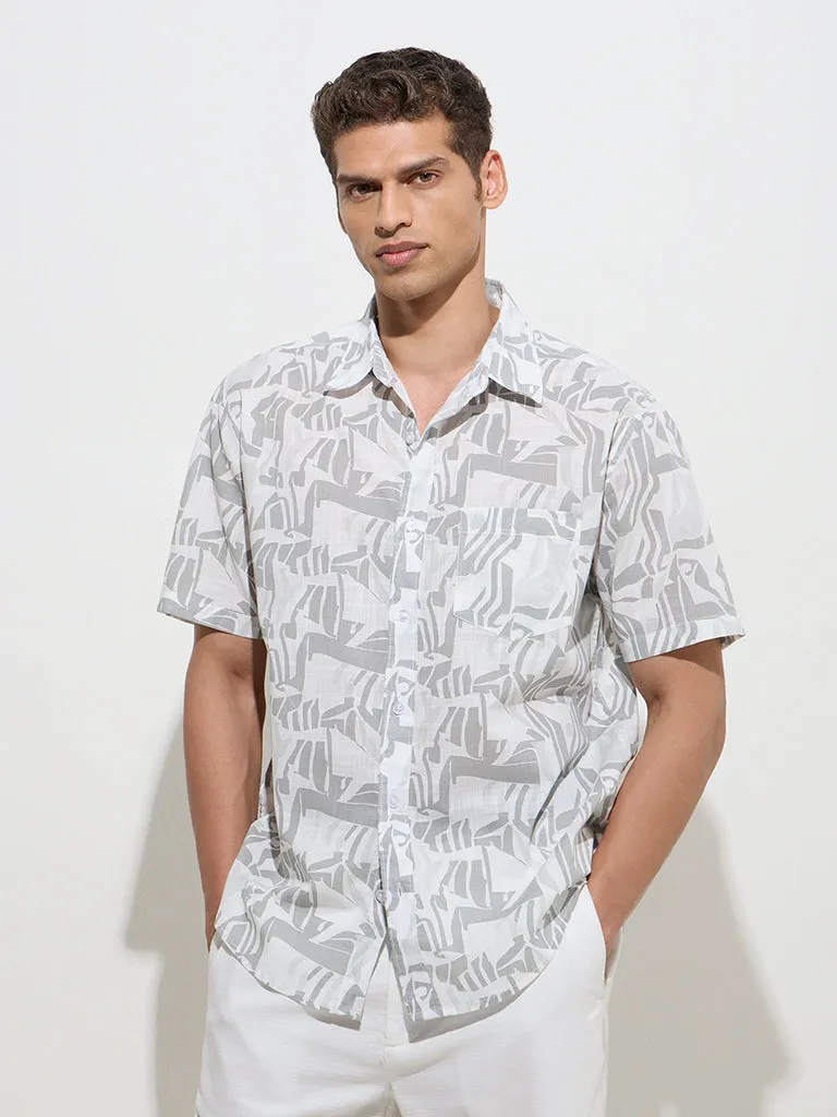 WES Casuals Grey Abstract Design Relaxed-Fit Cotton Shirt
