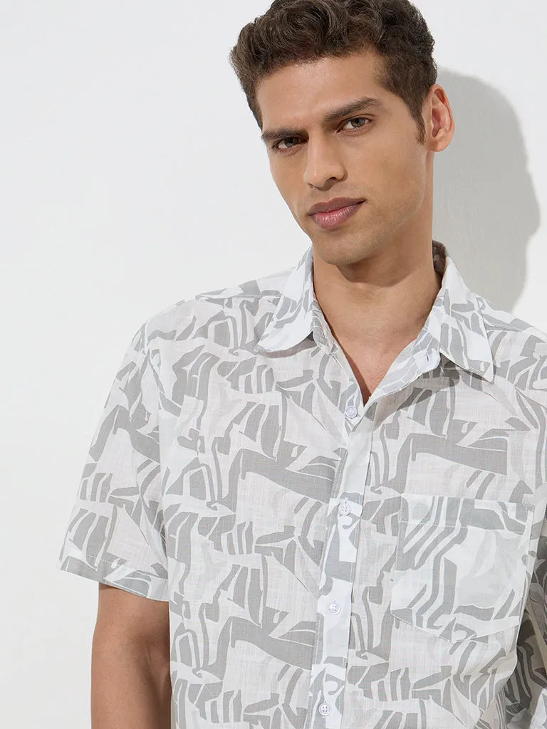 WES Casuals Grey Abstract Design Relaxed-Fit Cotton Shirt