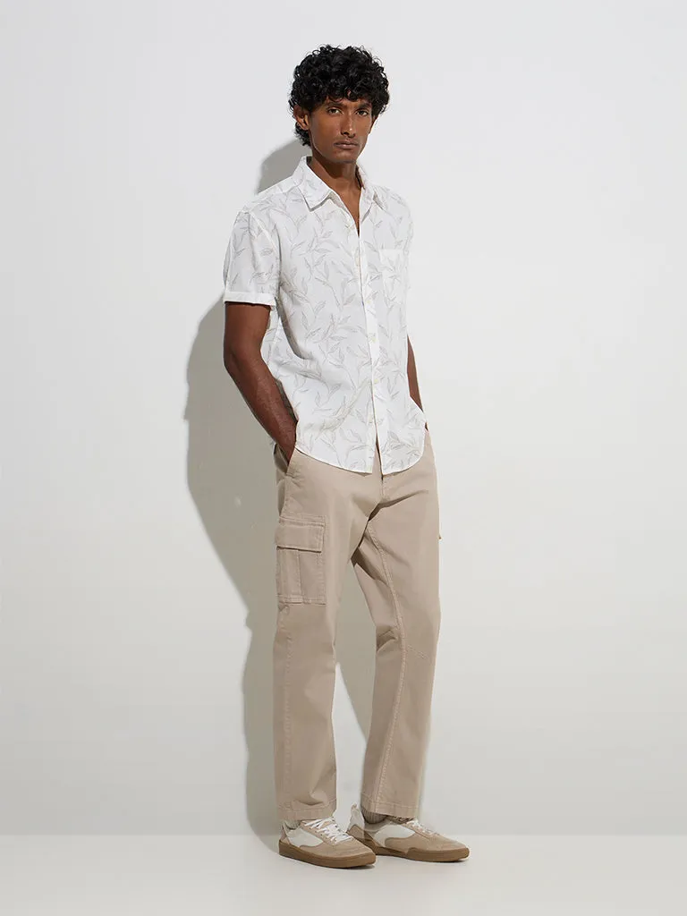 WES Casuals Off-White Foliage Design Relaxed-Fit Cotton Shirt