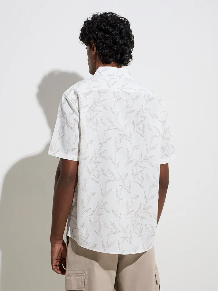 WES Casuals Off-White Foliage Design Relaxed-Fit Cotton Shirt