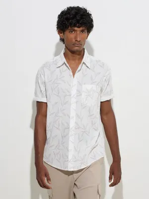 WES Casuals Off-White Foliage Design Relaxed-Fit Cotton Shirt