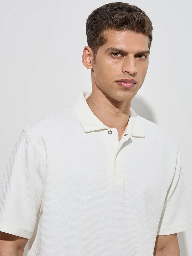 WES Casuals White Relaxed-Fit Cotton Polo T-Shirt