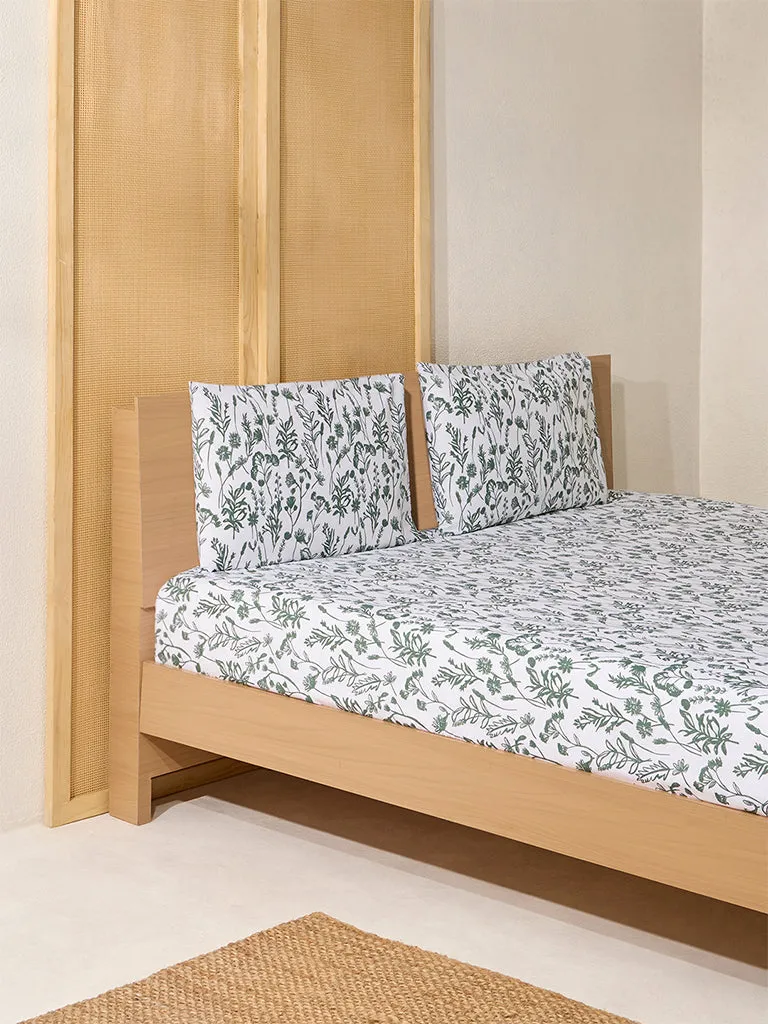 Westside Home Dark Green Print Queen Bed Flat Sheet and Pillowcase Set