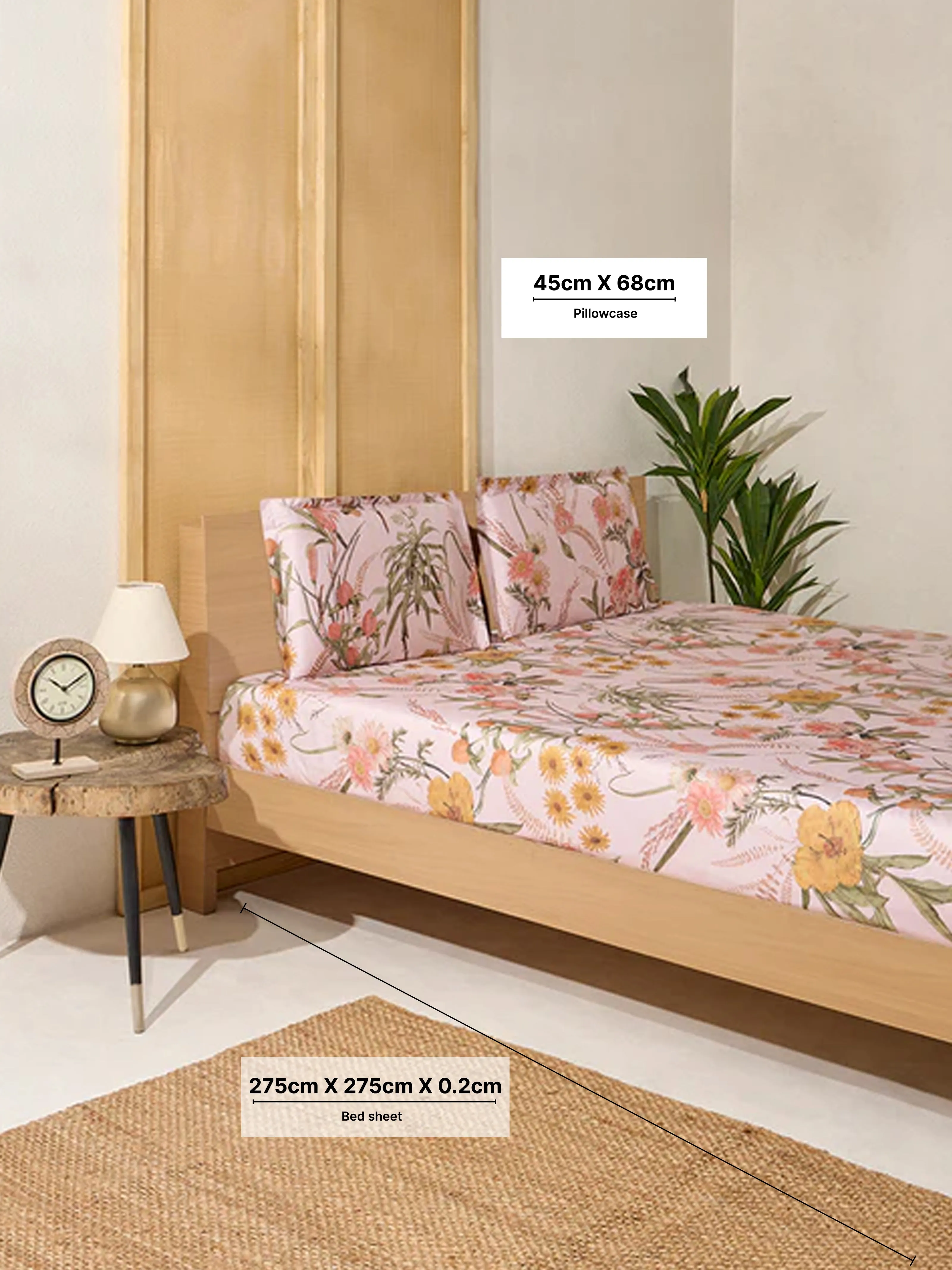 Westside Home Pink Floral Printed King Bed Flat Sheet and Pillowcase Set
