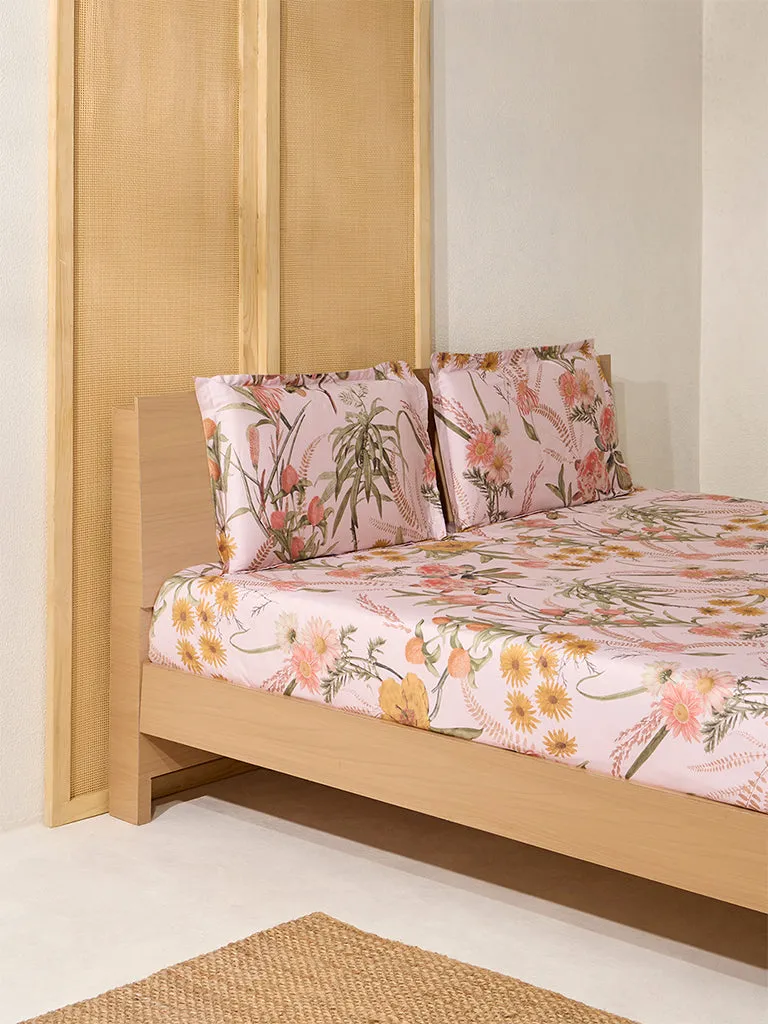 Westside Home Pink Floral Printed Queen Bed Flat Sheet and Pillowcase Set