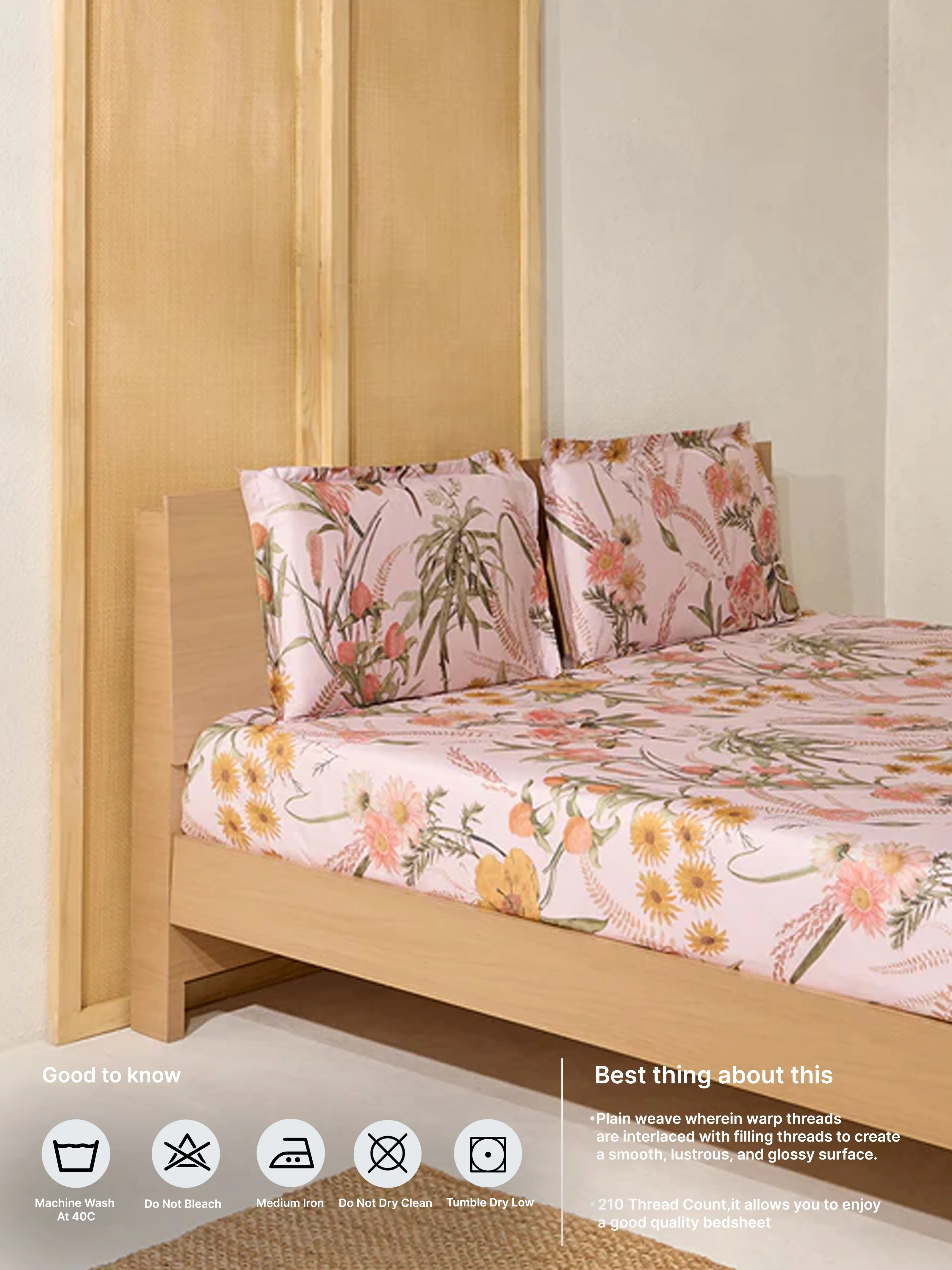 Westside Home Pink Floral Printed Queen Bed Flat Sheet and Pillowcase Set