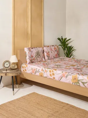 Westside Home Pink Floral Printed Queen Bed Flat Sheet and Pillowcase Set