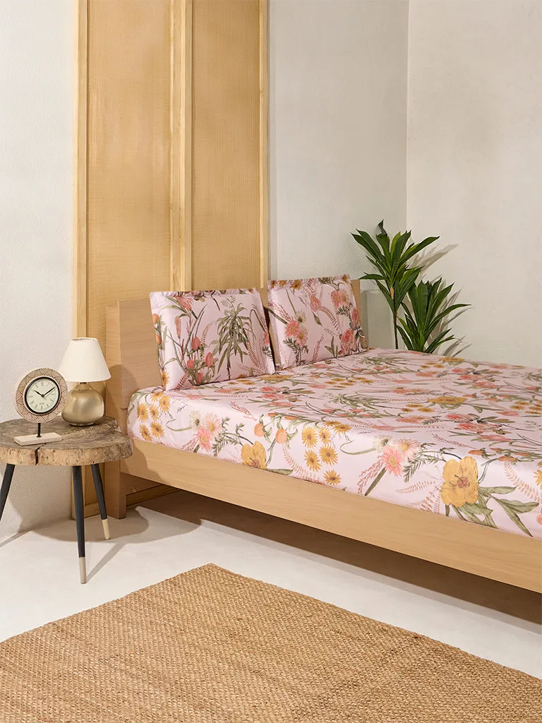 Westside Home Pink Floral Printed Queen Bed Flat Sheet and Pillowcase Set