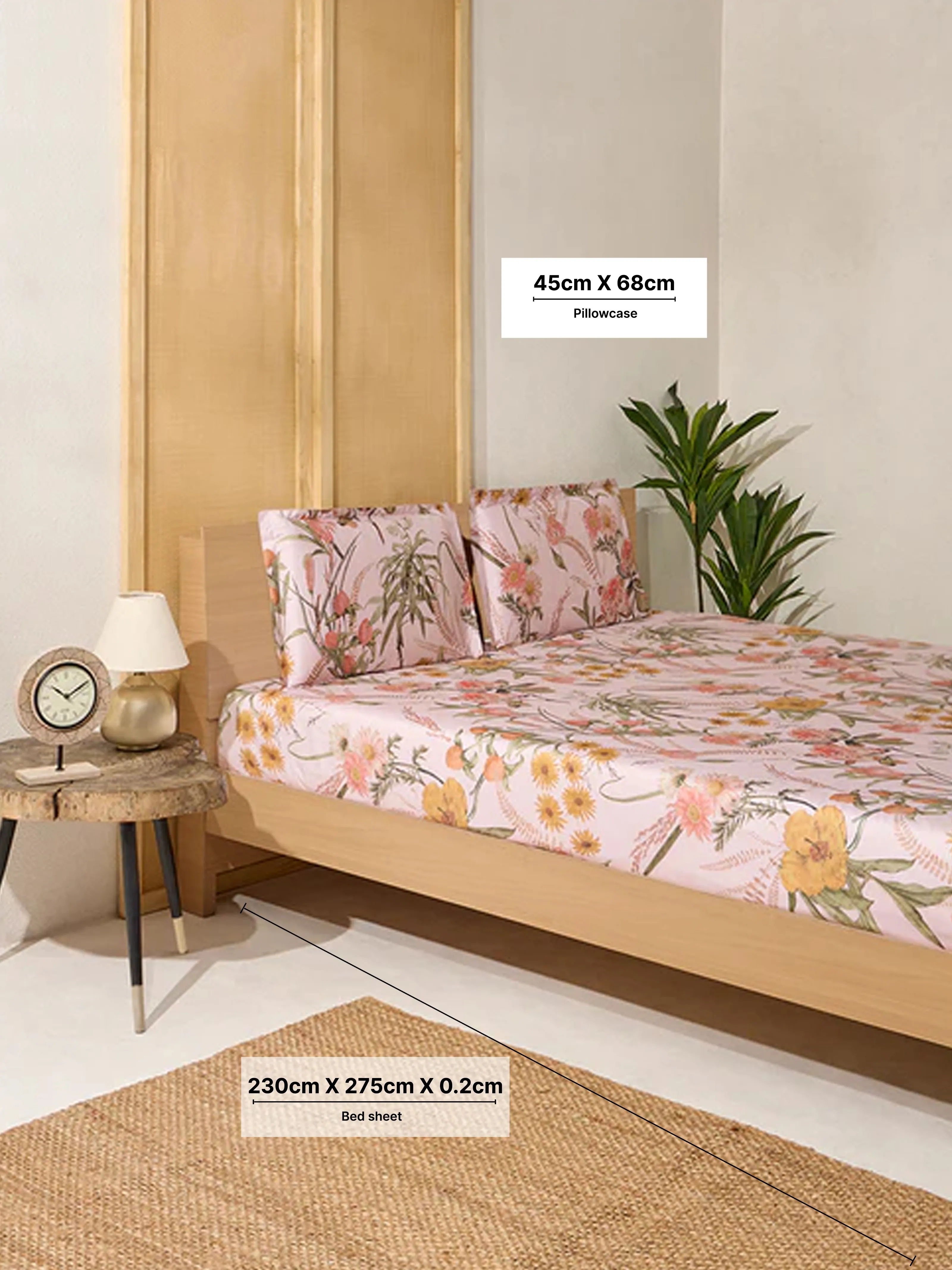 Westside Home Pink Floral Printed Queen Bed Flat Sheet and Pillowcase Set