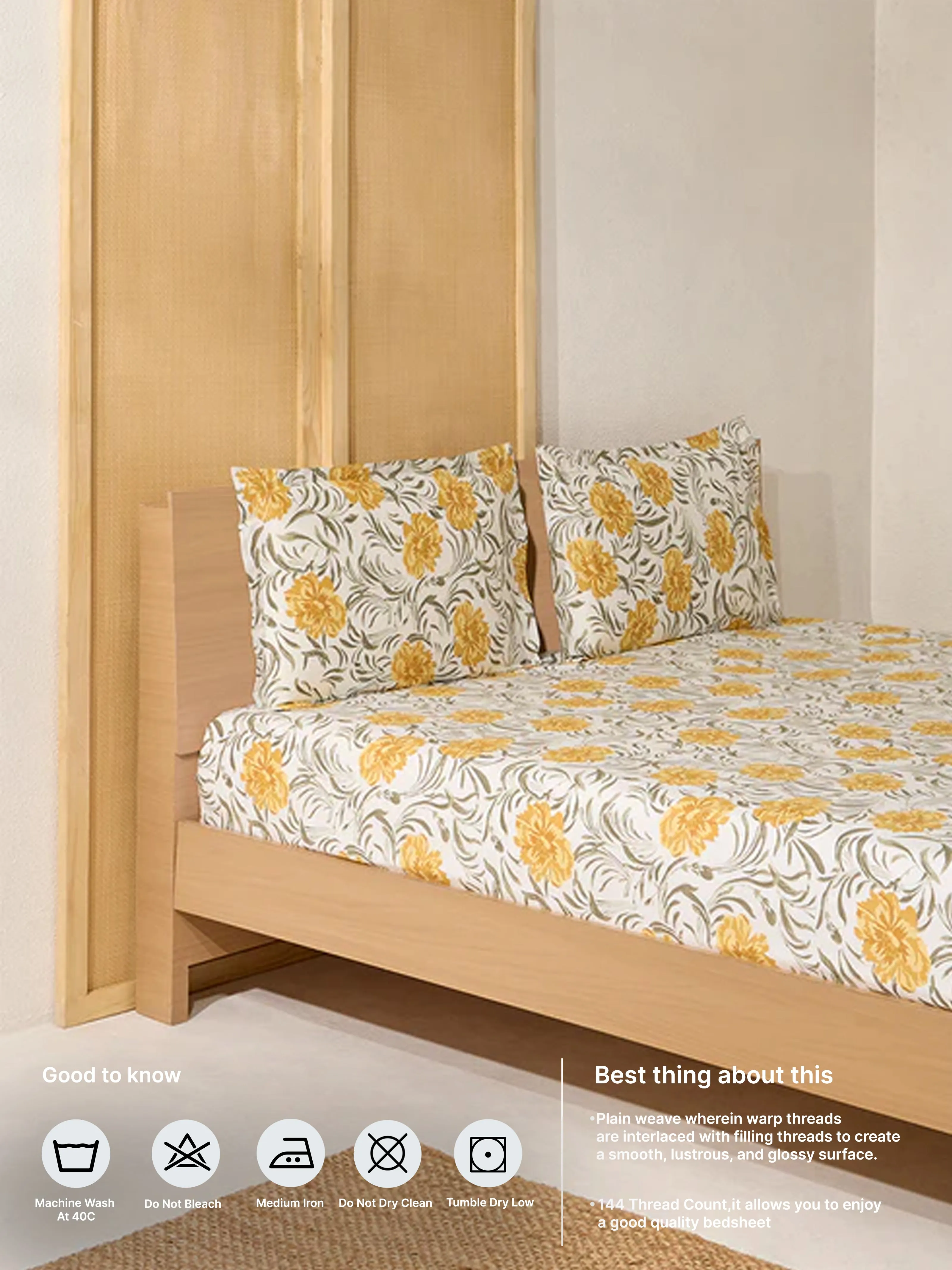 Westside Home Yellow Floral Printed Queen Bed Flat Sheet and Pillowcase Set