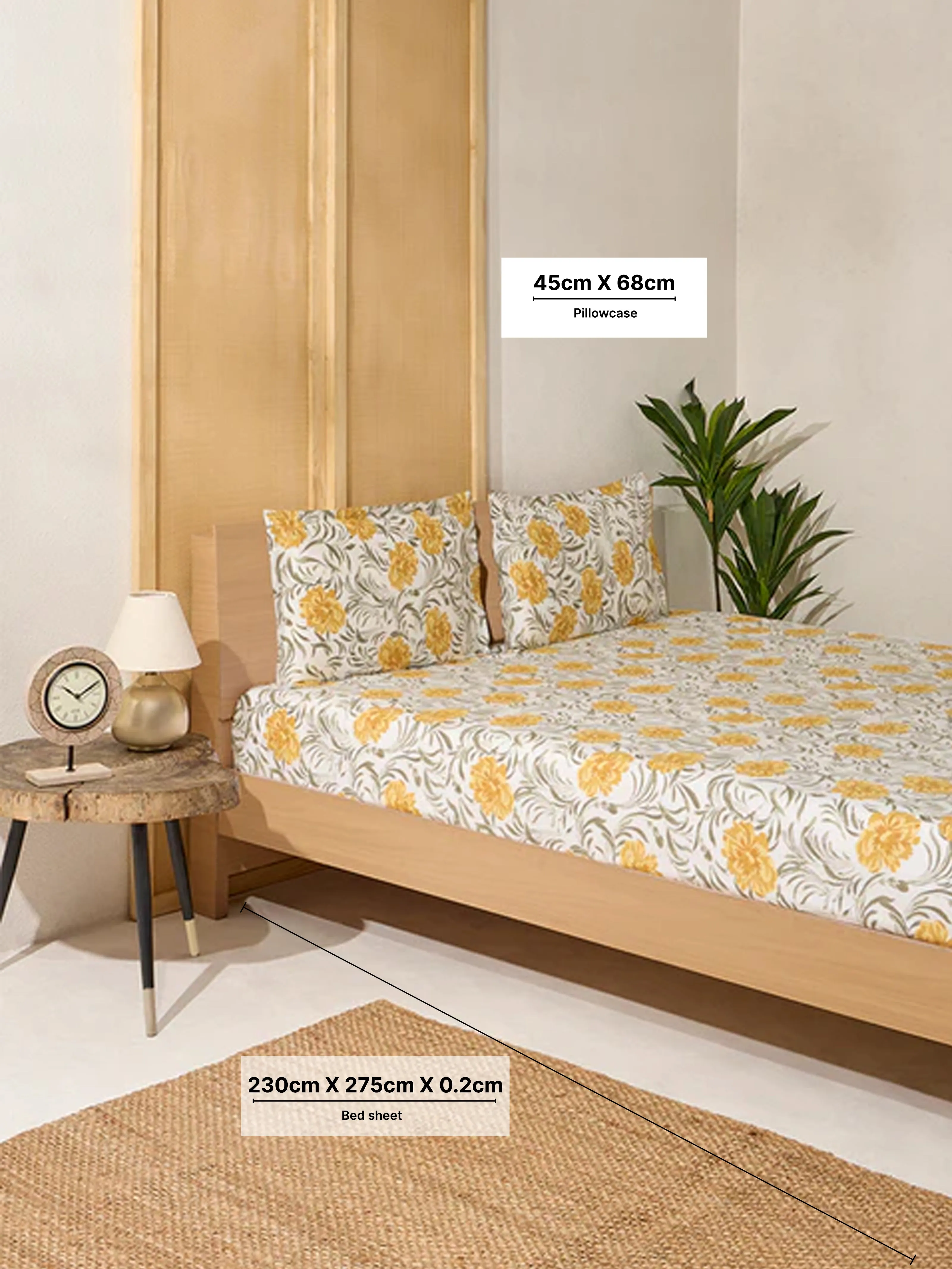 Westside Home Yellow Floral Printed Queen Bed Flat Sheet and Pillowcase Set