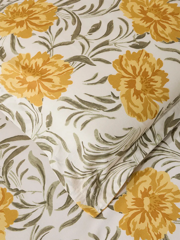 Westside Home Yellow Floral Printed Queen Bed Flat Sheet and Pillowcase Set