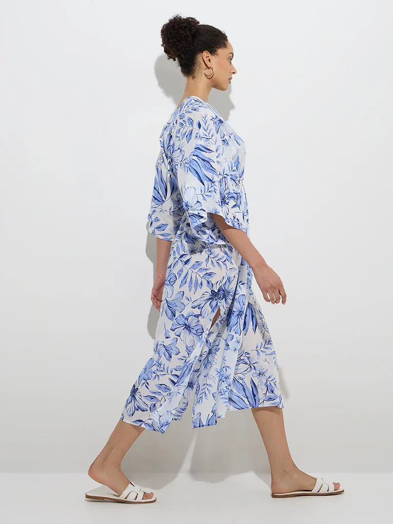 Wunderlove Blue Floral Cotton-Blend Beach Kaftan Dress