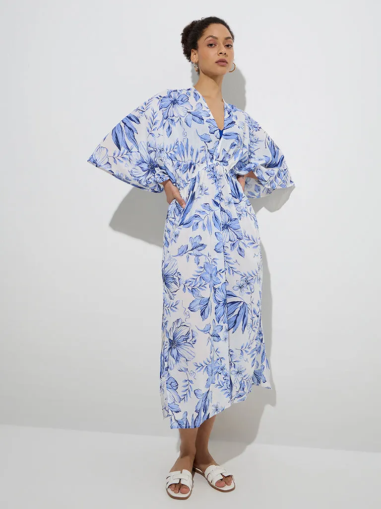 Wunderlove Blue Floral Cotton-Blend Beach Kaftan Dress