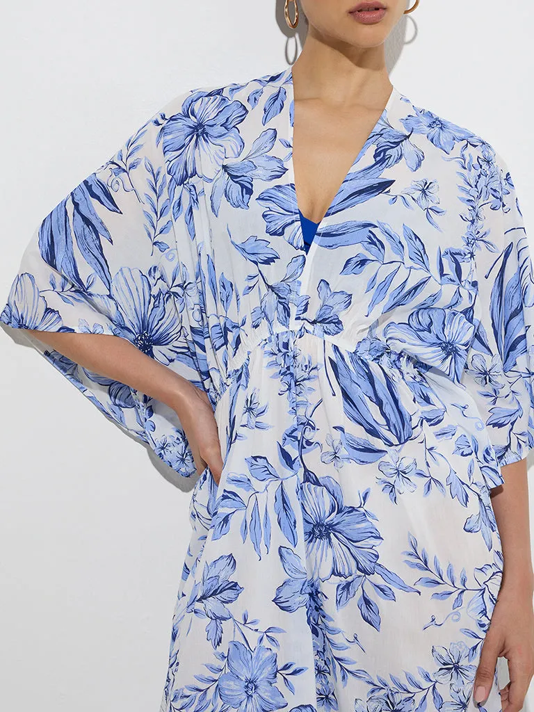 Wunderlove Blue Floral Cotton-Blend Beach Kaftan Dress