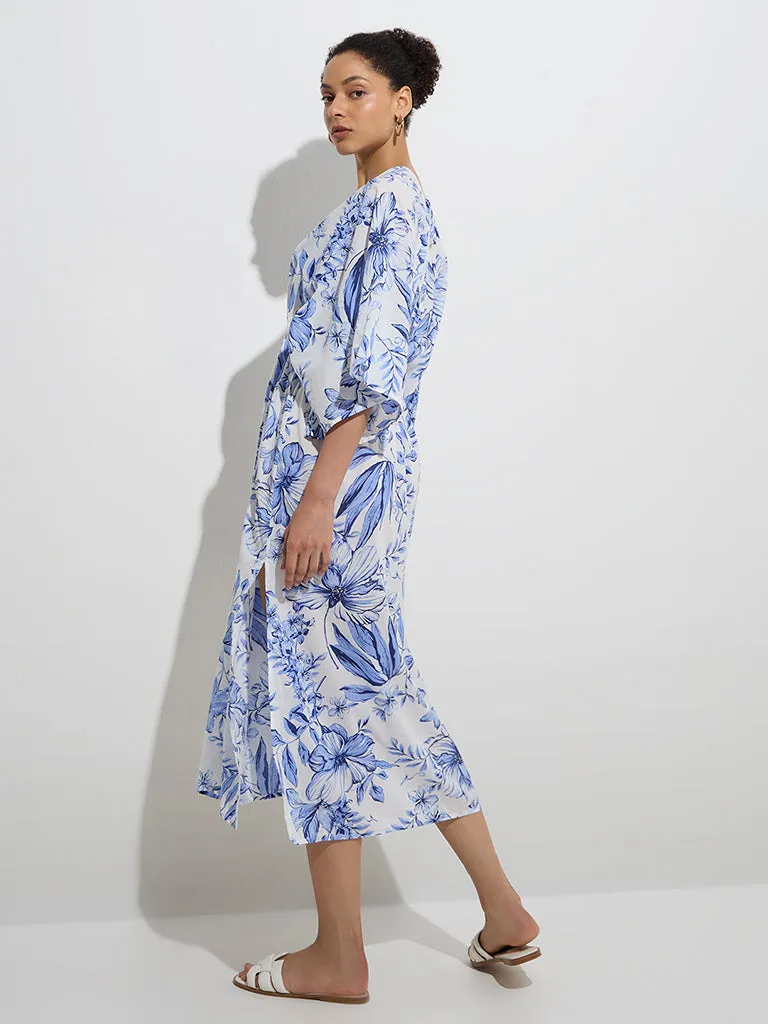 Wunderlove Blue Floral Cotton-Blend Beach Kaftan Dress