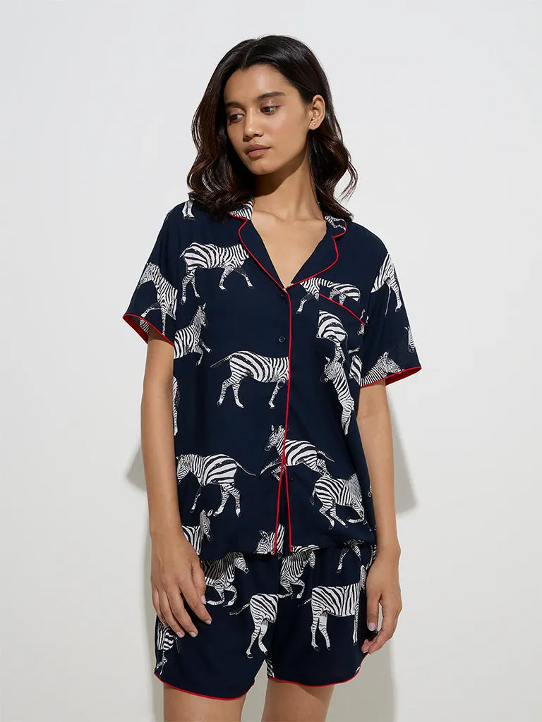Wunderlove Navy Animal Design Cotton Shirt and Shorts Set