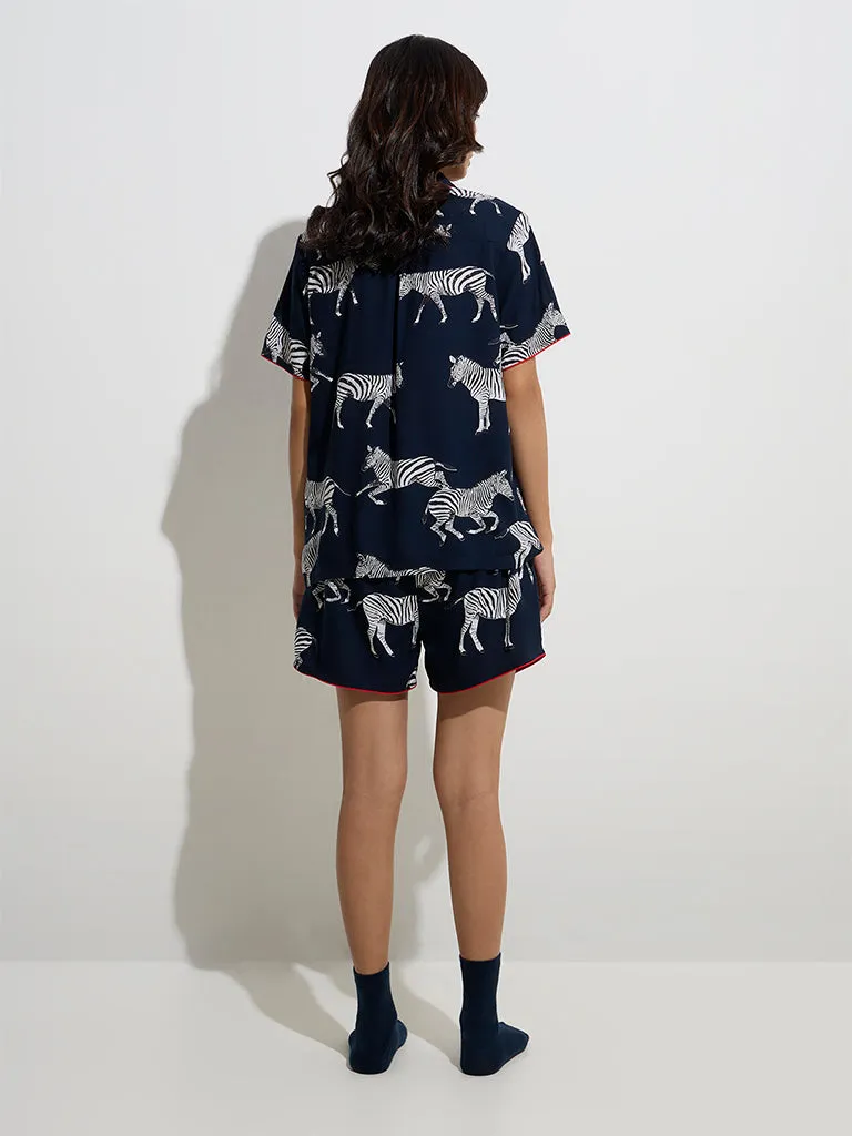 Wunderlove Navy Animal Design Cotton Shirt and Shorts Set