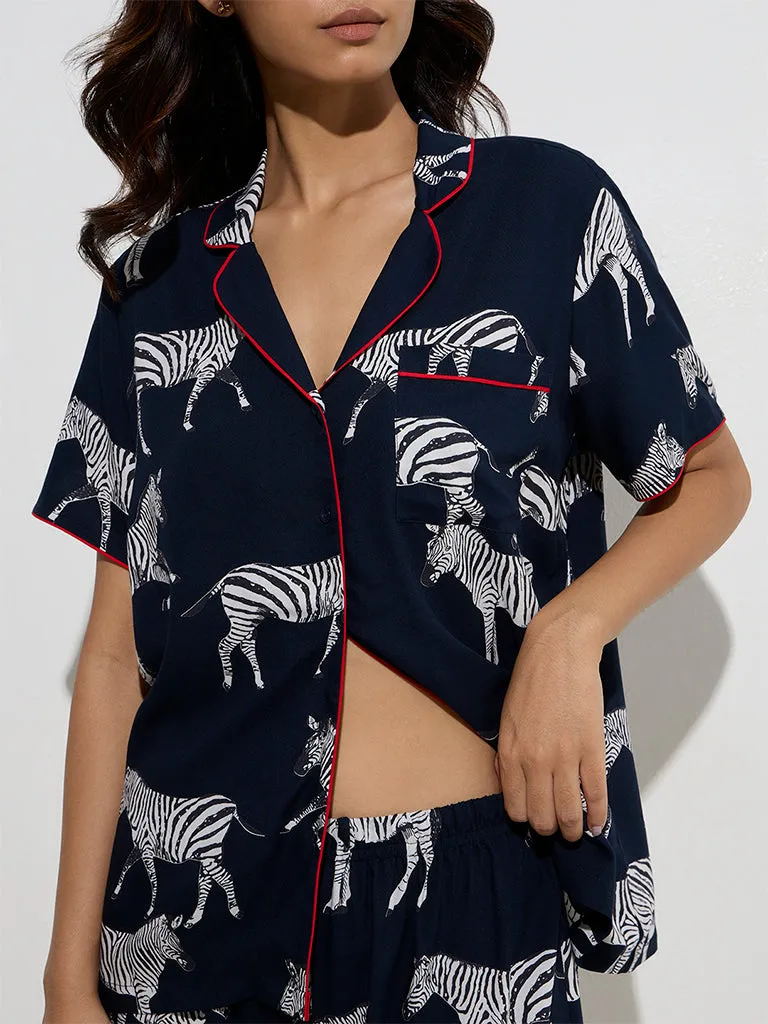 Wunderlove Navy Animal Design Cotton Shirt and Shorts Set